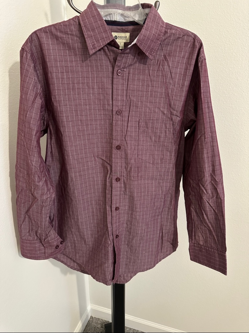Haggar Men's Plum Windowpane Dress Shirt